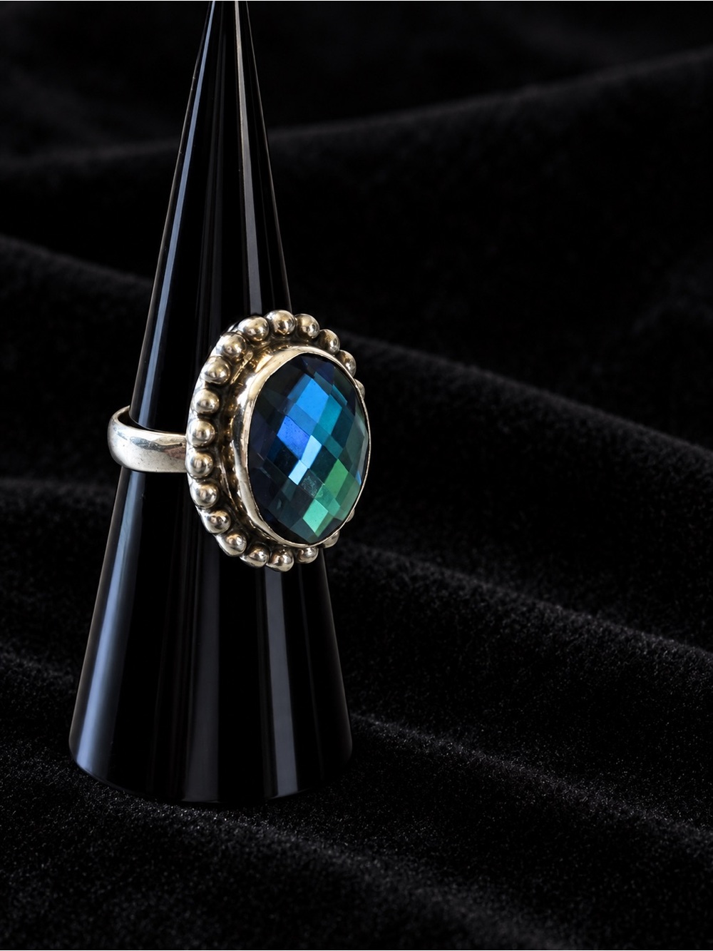 Sterling Silver Ring with Blue-Green Faceted Stone Size 6